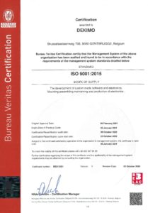 ISO9001:2015 certificate Dekimo page 1