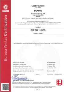 ISO9001:2015 certificate Dekimo page 1